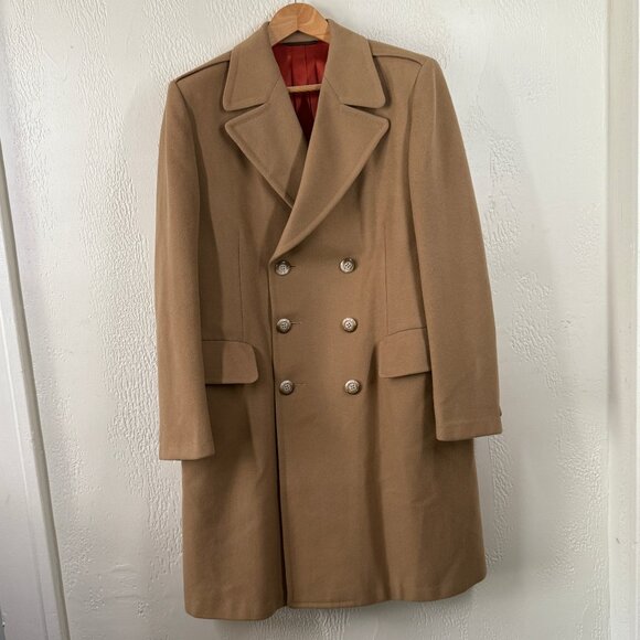 VTG Overcoat Tan Wool Double Breasted Red Satin Lined Coat Mitchell Daroff - Picture 1 of 16